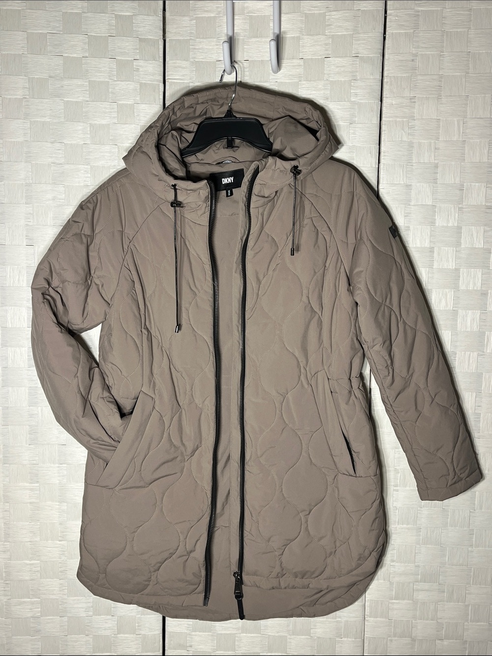 DKNY Quilted Hooded Puffer Coat in Taupe
